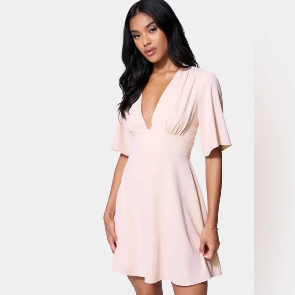 Bebe Women's Ruffle Shoulder Flare Dress, Size Small in Barely There Viscose